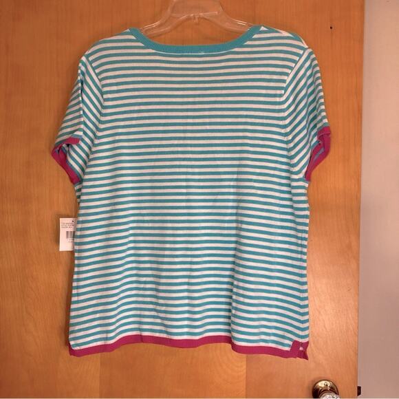 NWT Women's Plus 2X Izod Teal and White Striped Short-Sleeve Sweater w/Pink Trim - Picture 2 of 5
